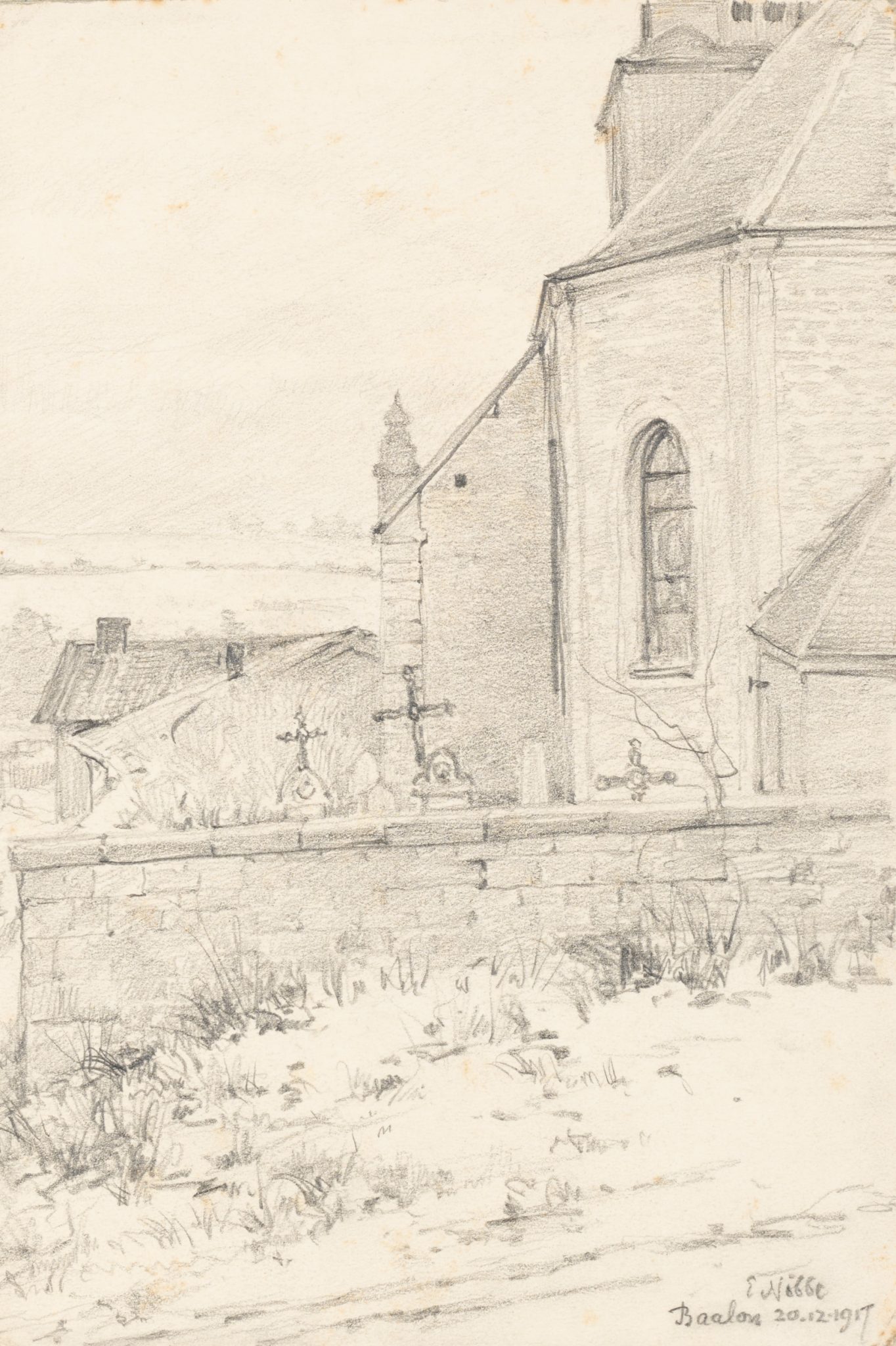 Skizze einer Kirche mit Friedhof