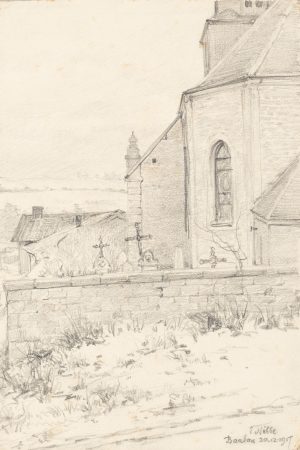 Skizze einer Kirche mit Friedhof