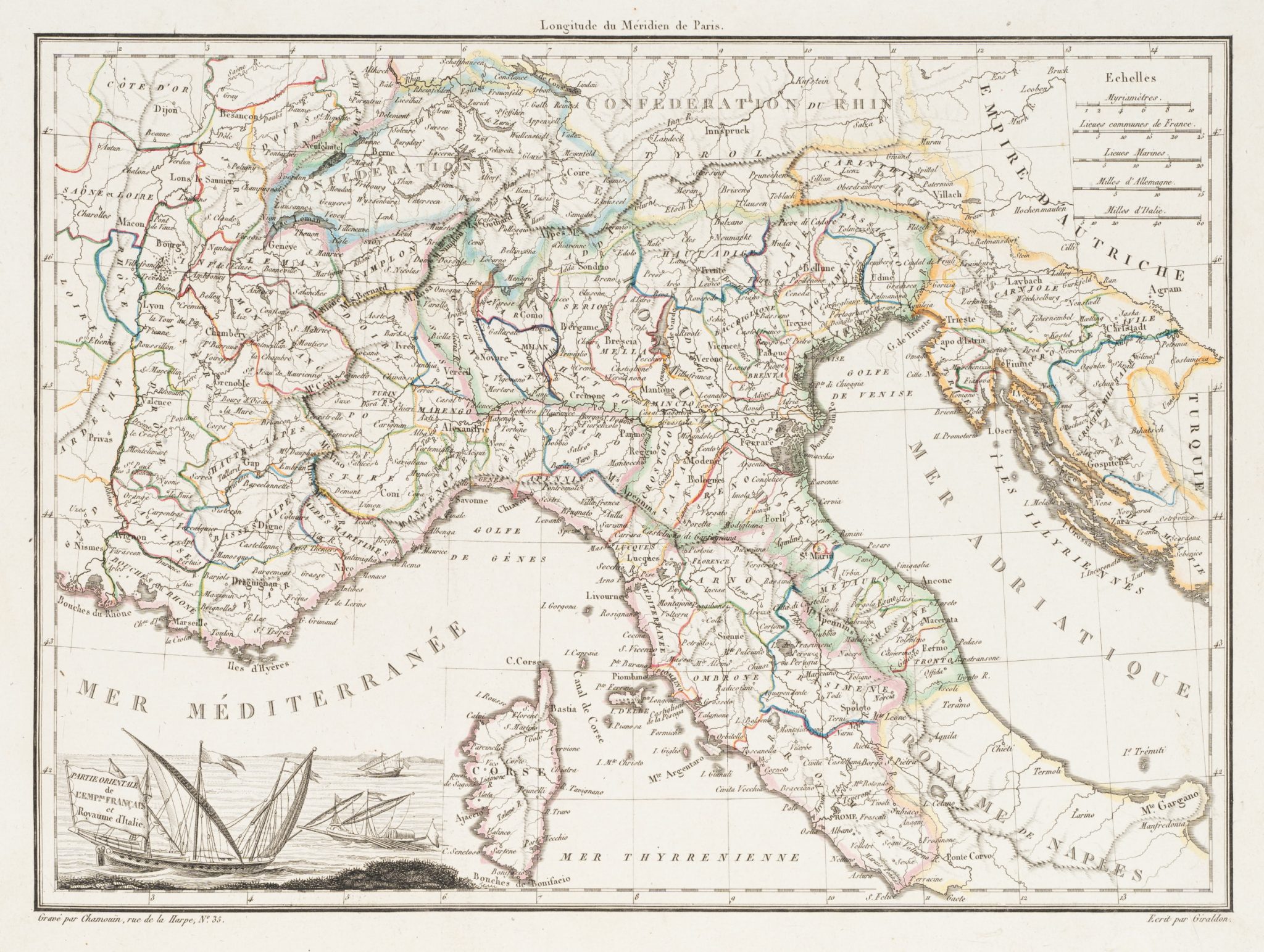 Karte des Alpenraums. Südfrankreich und Norditalien