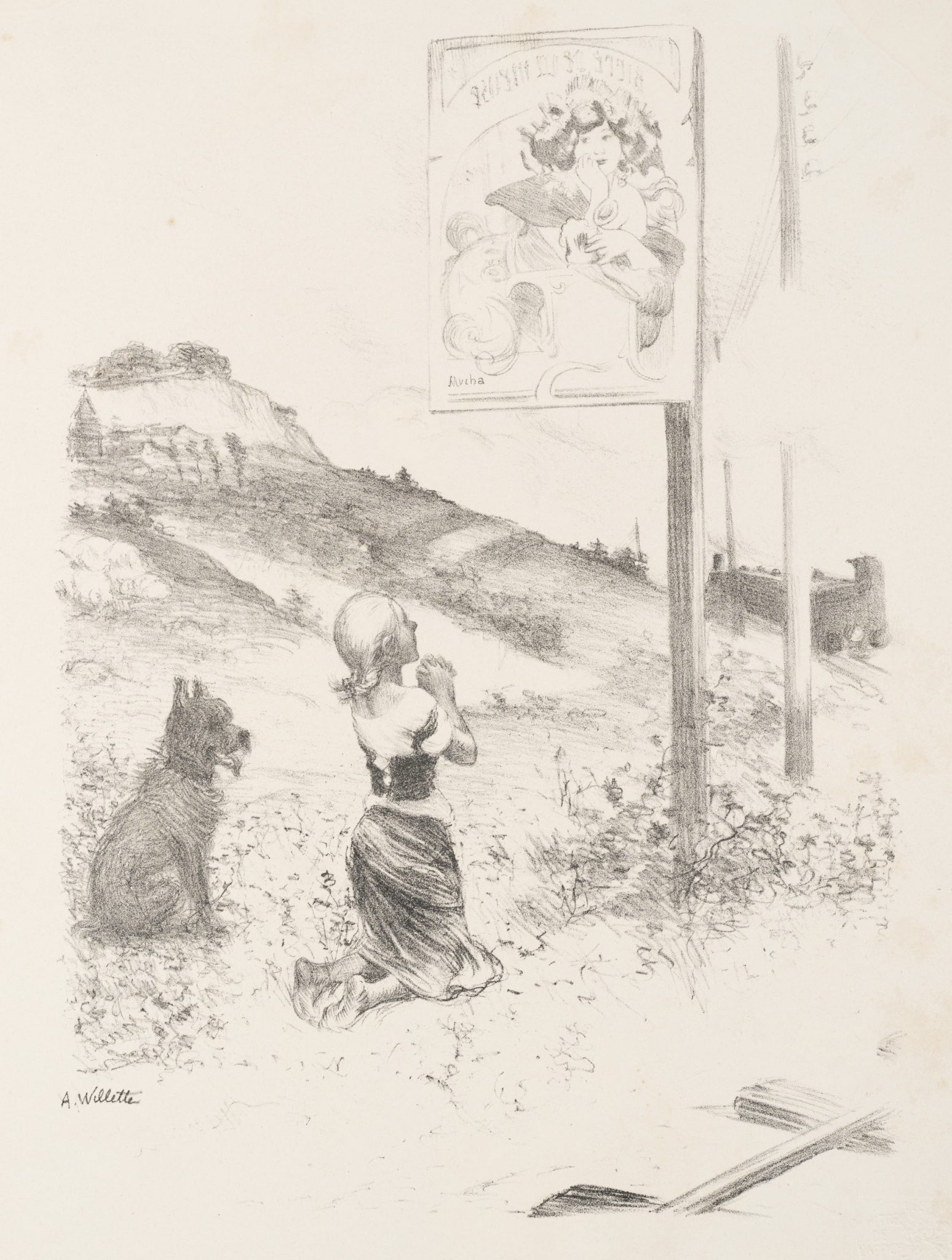 Ehrfurcht und Werbung. Karikatur am Mucha-Plakat