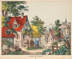 Hintergrund zu einem Dorf. Papiertheater
