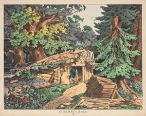 Hintergrund Hütte im Walde. Papiertheater