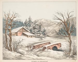 Hintergrund zur Winterlandschaft. Papiertheater
