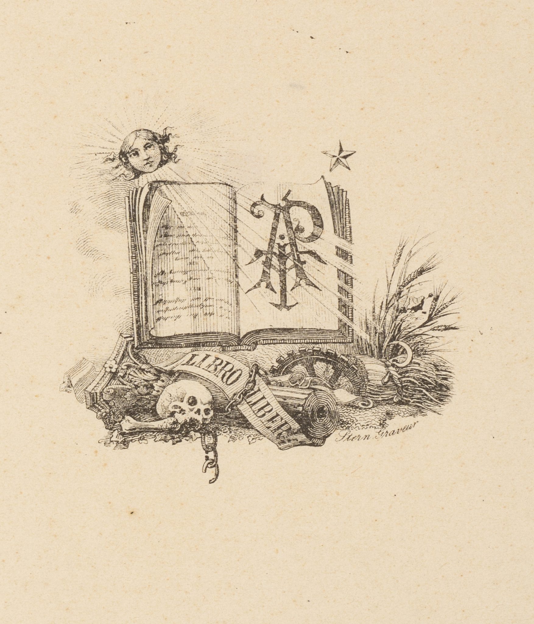 Exlibris mit Buch und Monogramm "APT"