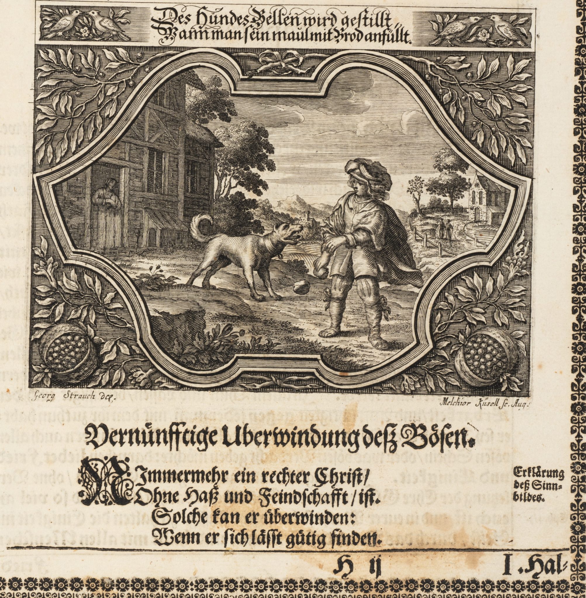 Emblem. Bändigen eines wilden Hundes