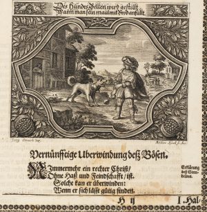 Emblem. Bändigen eines wilden Hundes