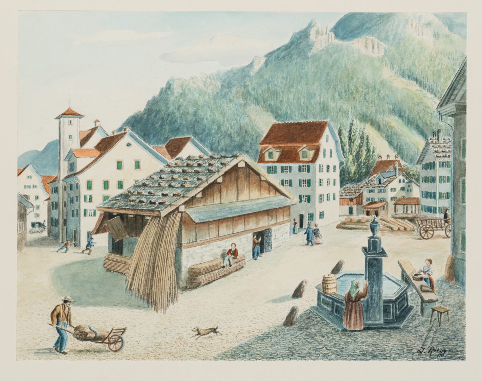 Alpenstadt mit Brunnen und Markthalle