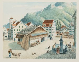 Alpenstadt mit Brunnen und Markthalle