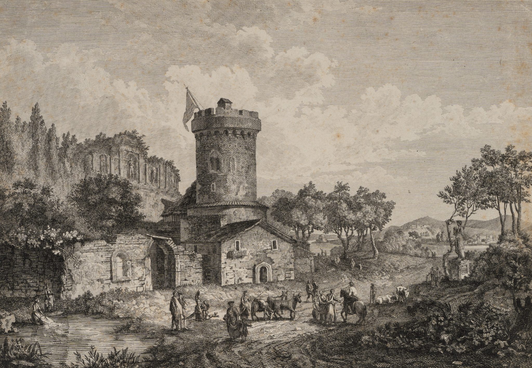 Burgruine mit Rundturm und ländlicher Szene