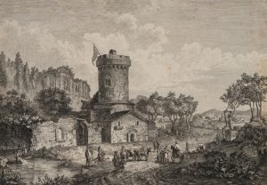 Burgruine mit Rundturm und ländlicher Szene