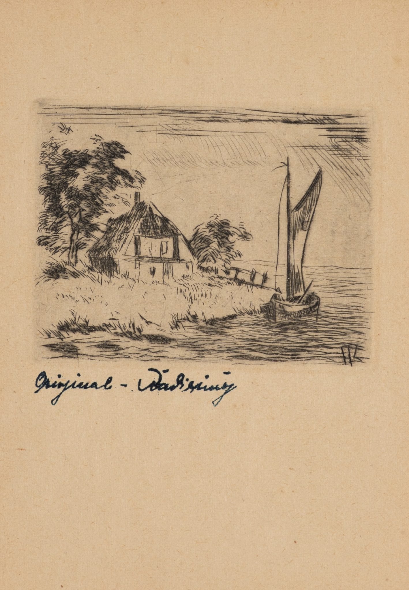 Uferlandschaft mit Haus und Segelboot