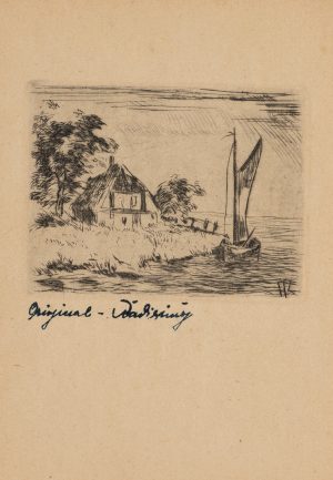 Uferlandschaft mit Haus und Segelboot