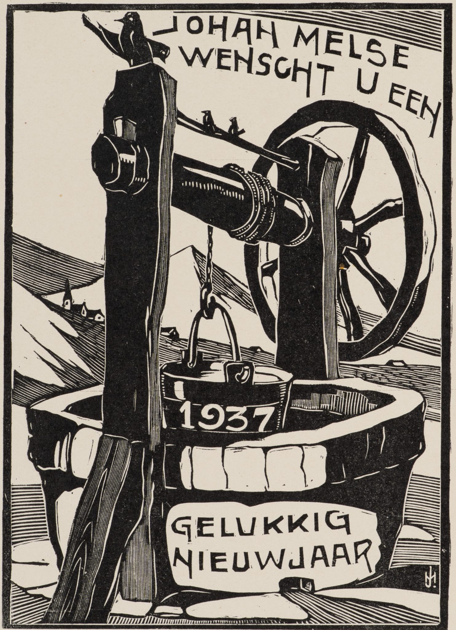 Neujahrsgruß 1937 mit Brunnen