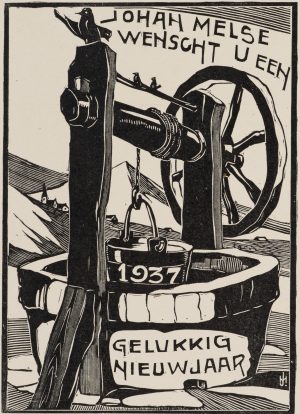 Neujahrsgruß 1937 mit Brunnen