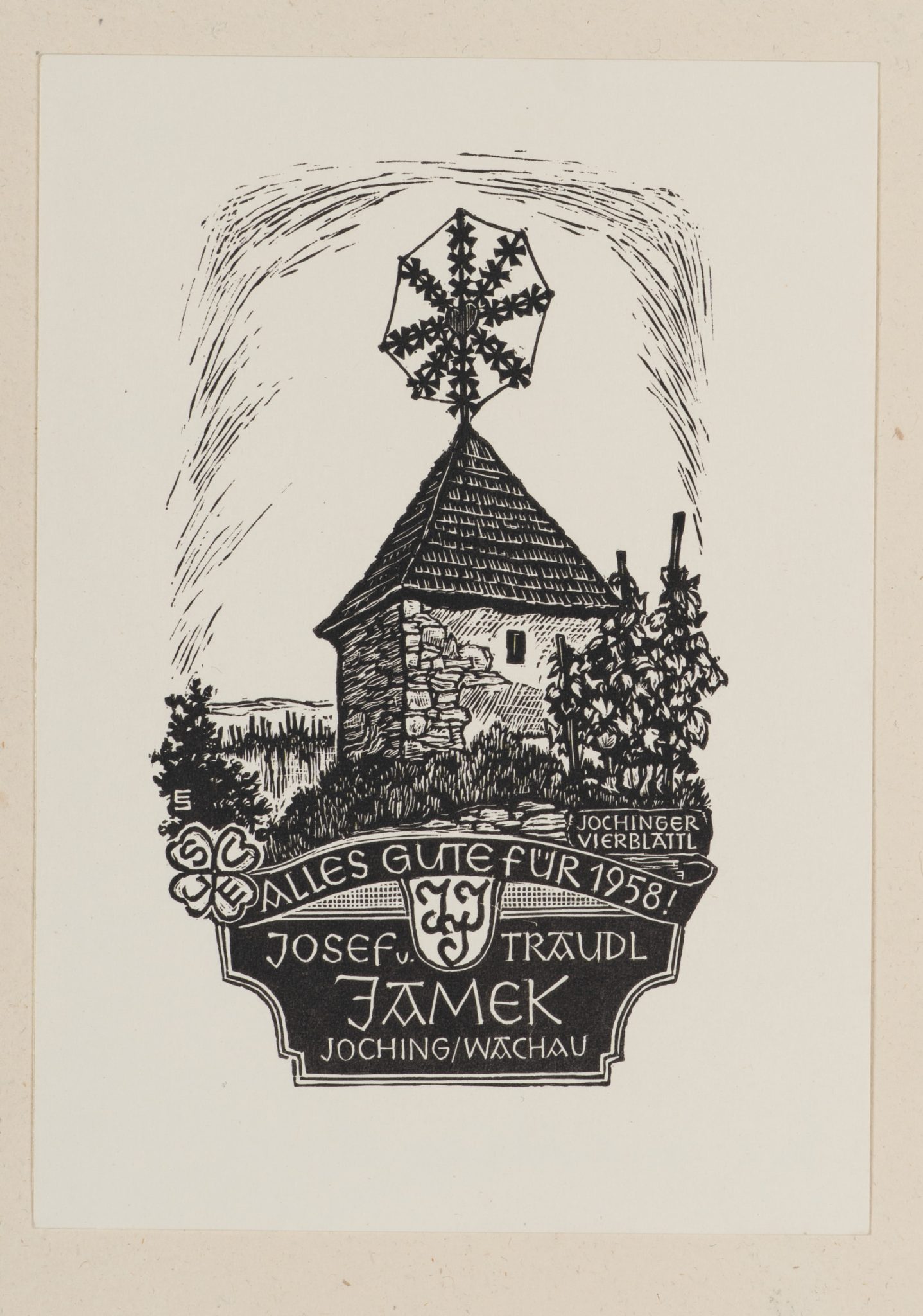 Jahreswünsche mit idyllischer Kapelle mit Rad