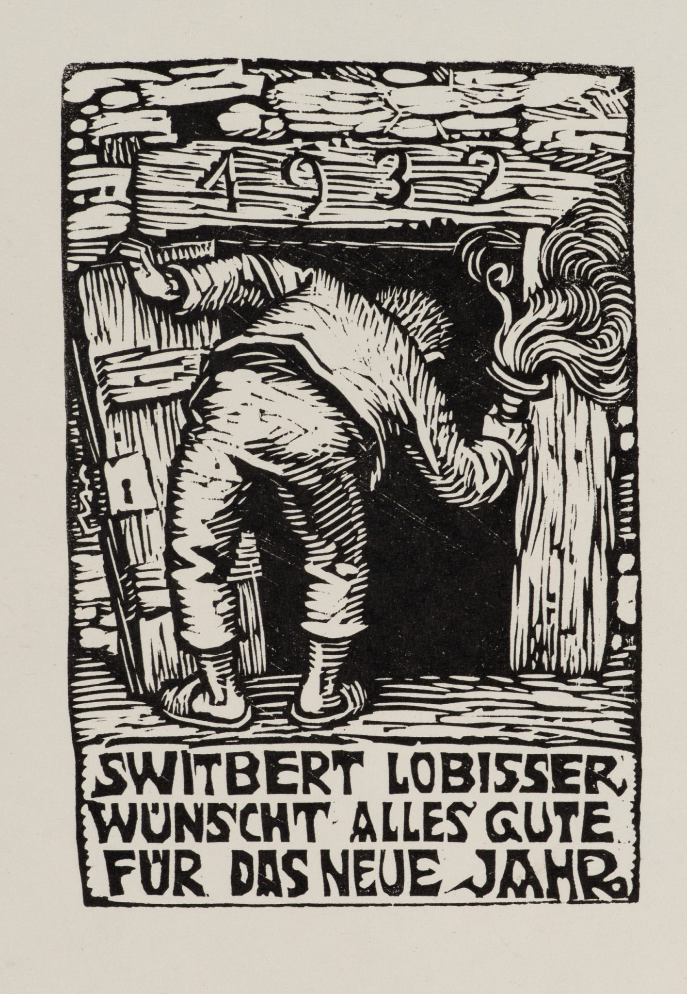 Neujahrsgruß 1932 mit Holzhütte