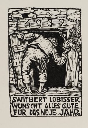 Neujahrsgruß 1932 mit Holzhütte