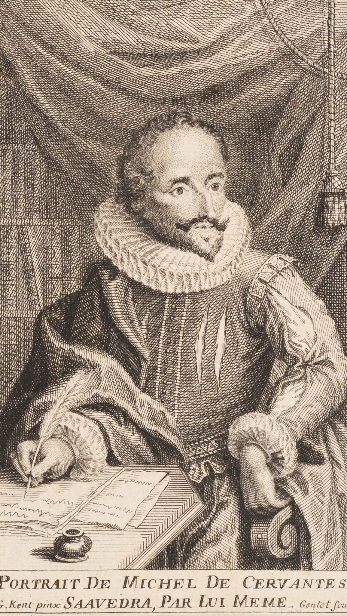 Porträt Cervantes mit Feder und Buch