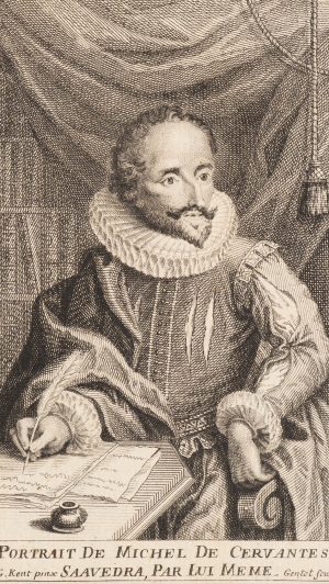 Porträt Cervantes mit Feder und Buch