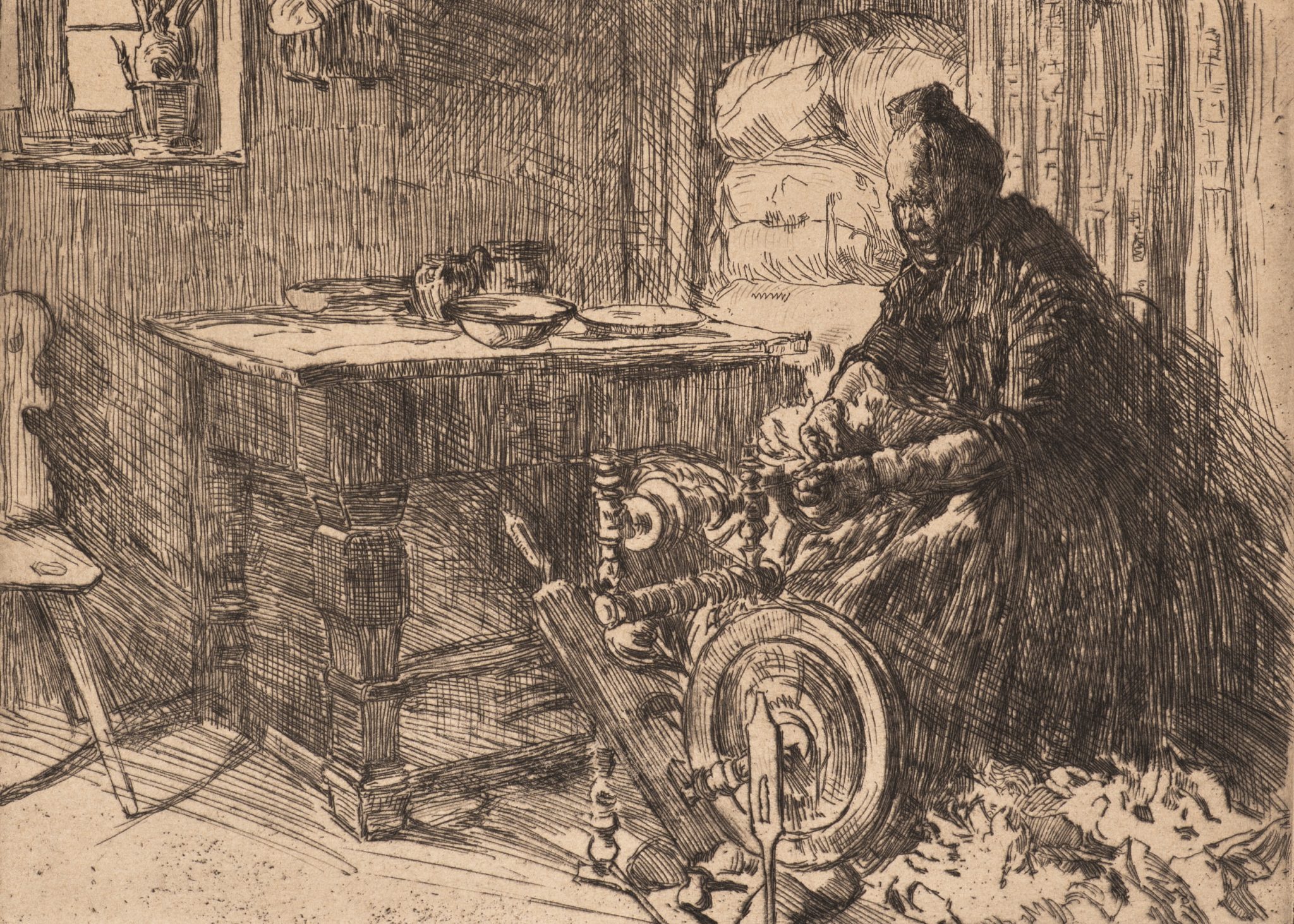 Schwälmerin am Spinnrad