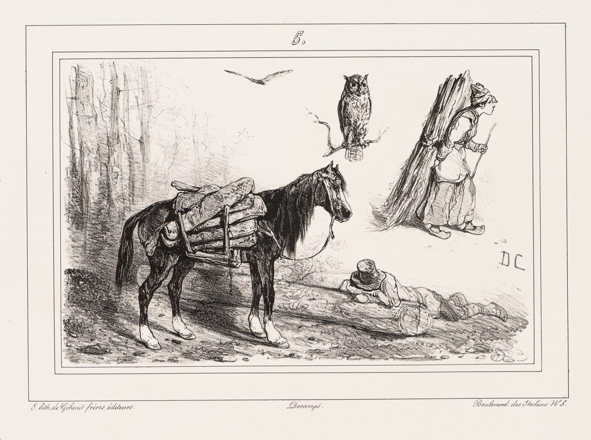 Szene im Wald mit beladenem Pferd