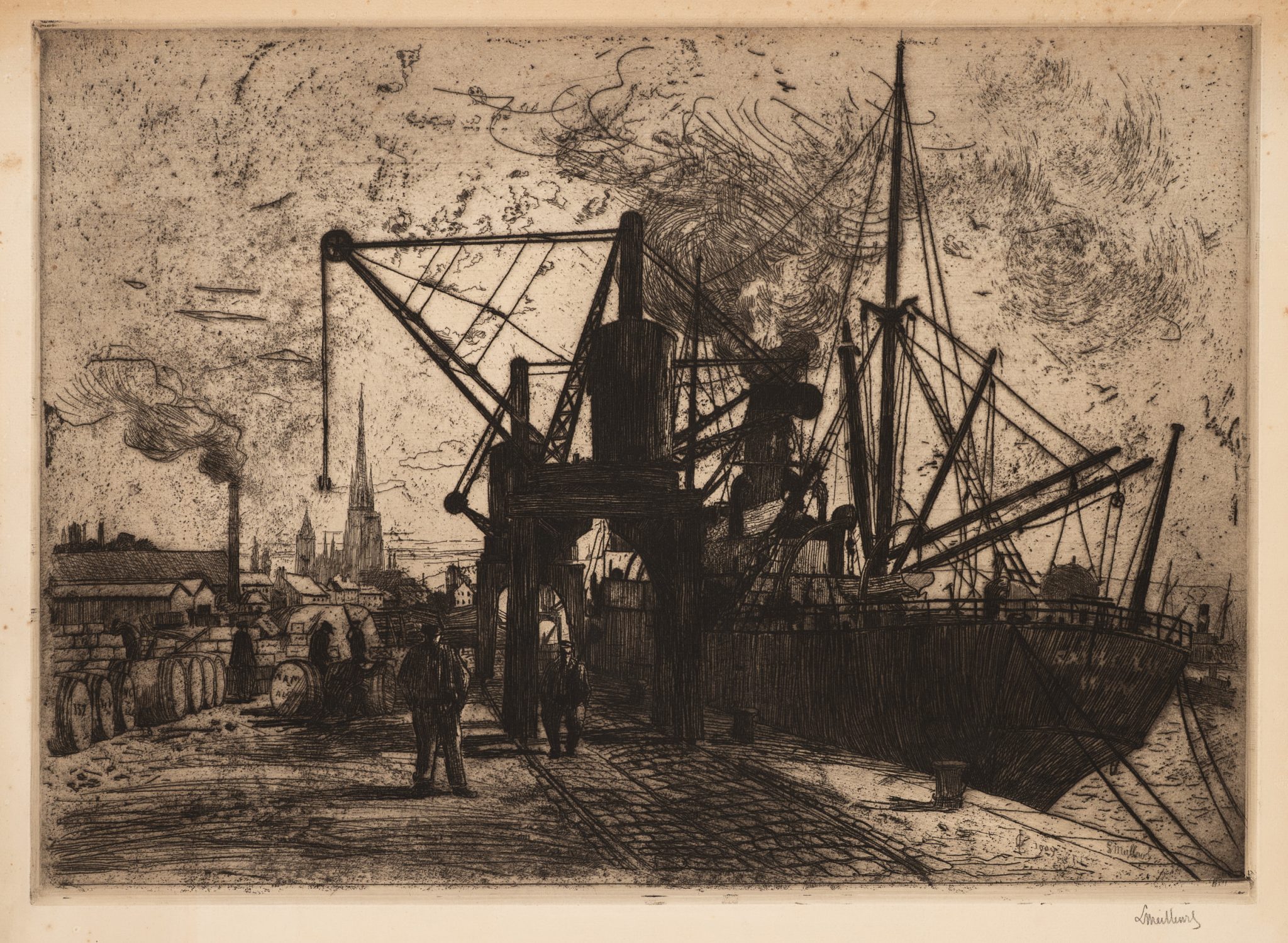 Hafenszene mit Schiff und Kränen