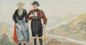 Trachtenpaar vor Mittelgebirge