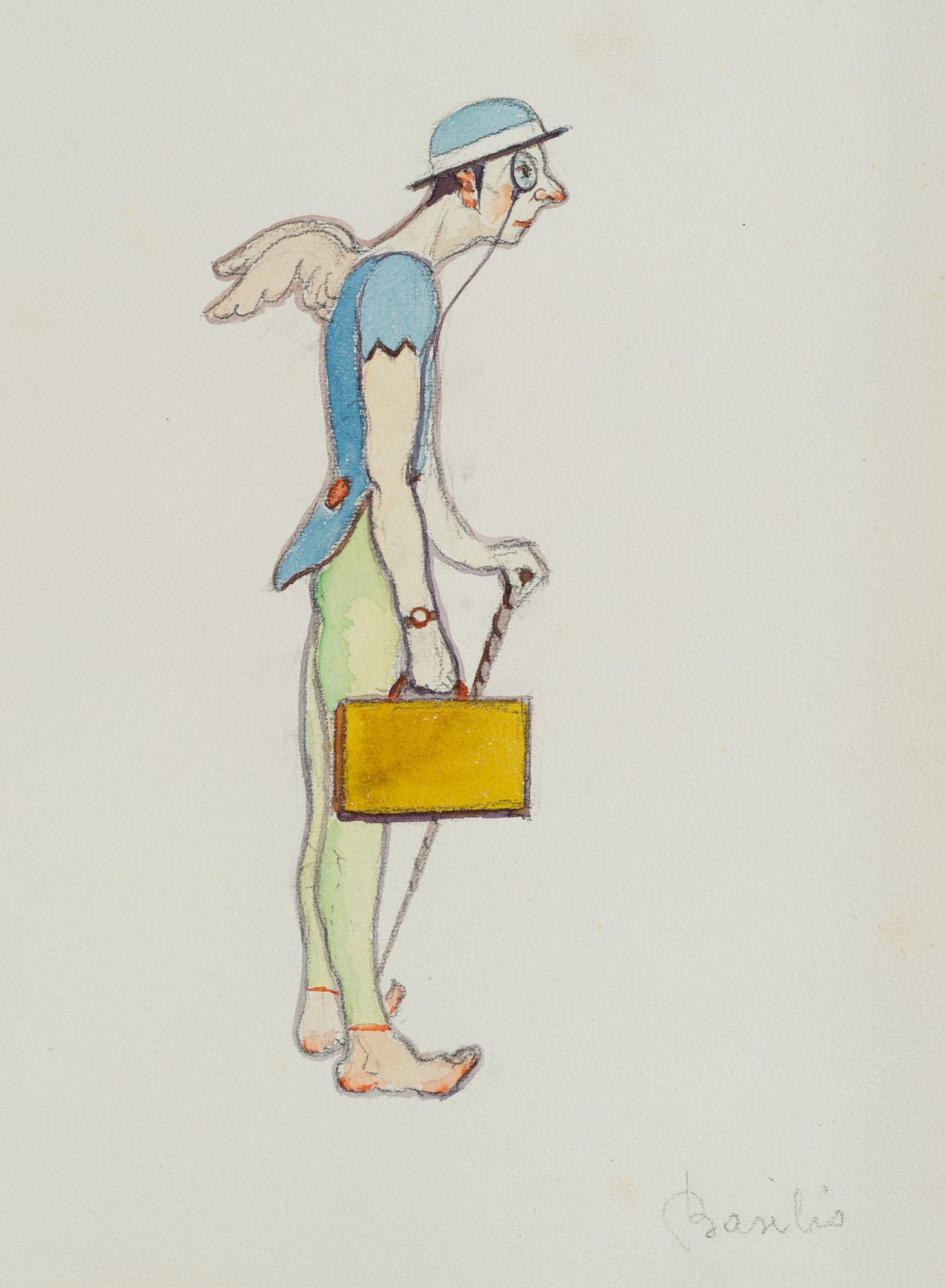 Satirische Figur mit Koffer