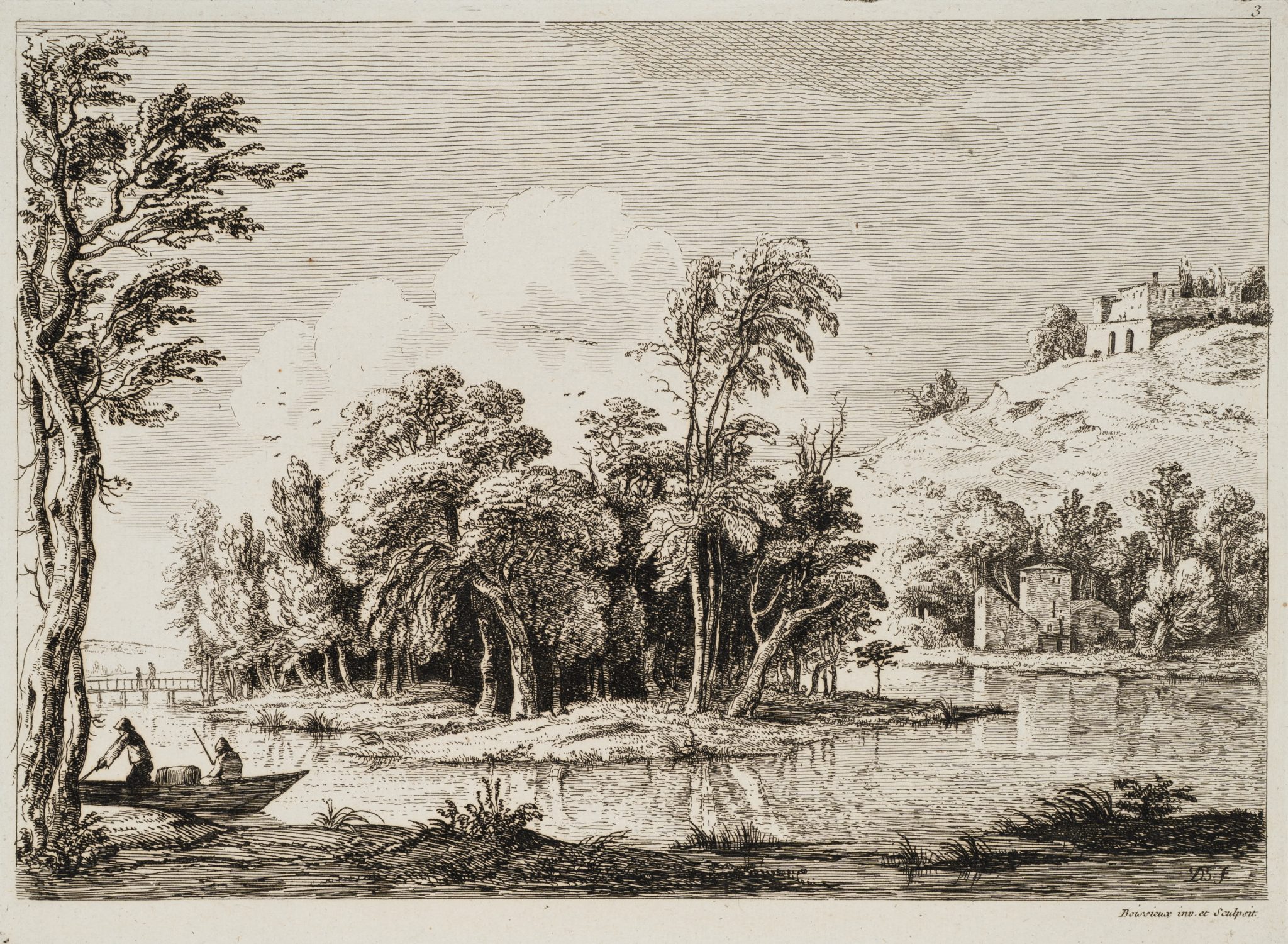 Flusslandschaft mit Boot an Aueninsel