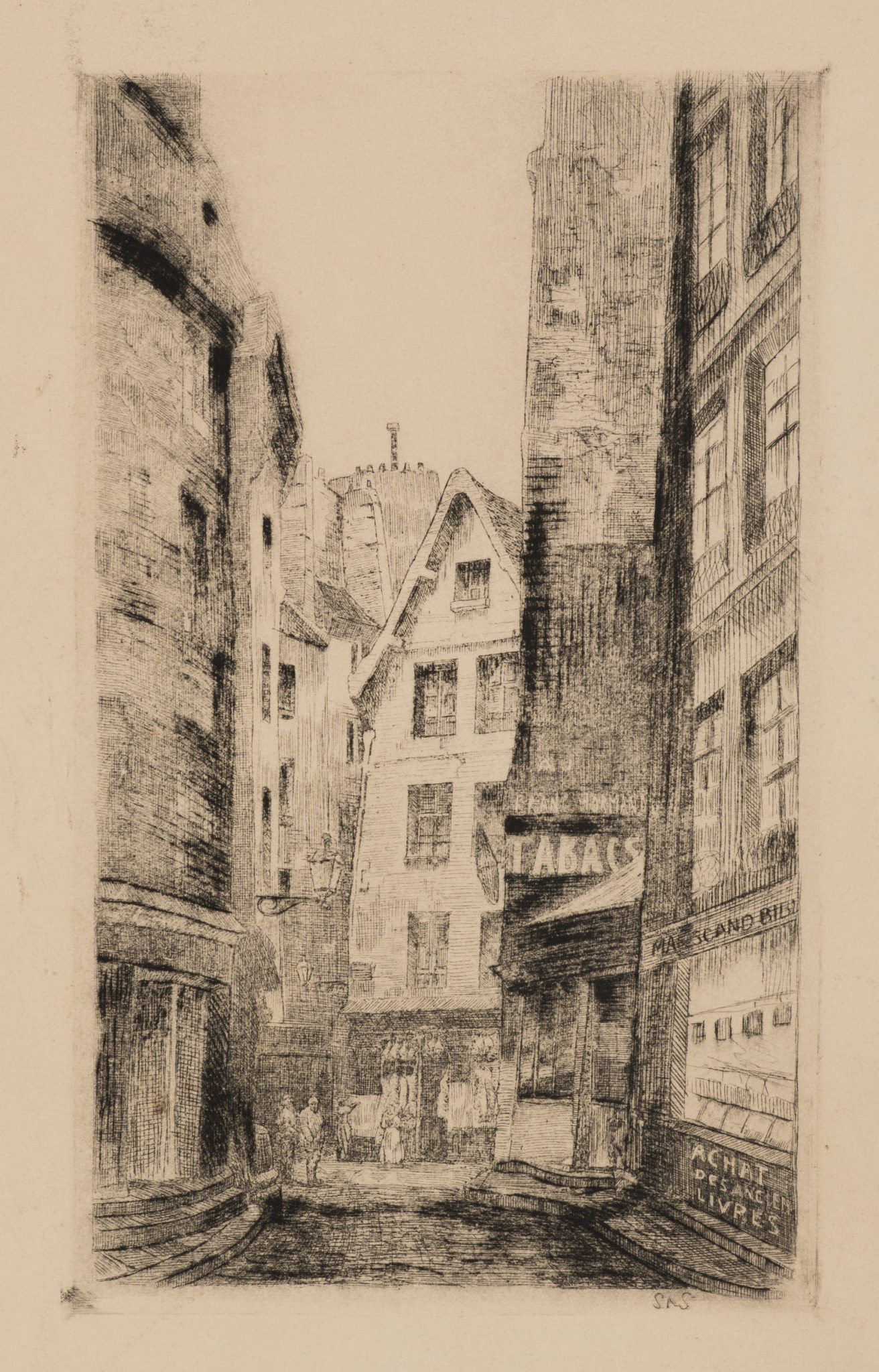 Städtische Gasse mit Tabakladen