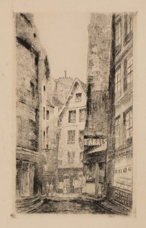 Städtische Gasse mit Tabakladen
