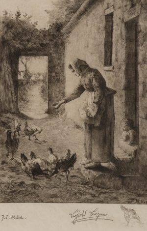 Frau füttert Hühner
