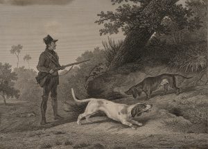 Jäger mit Hunden im Wald