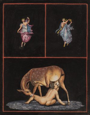 Tänzerinnen und Rehkuh mit trinkender Figur