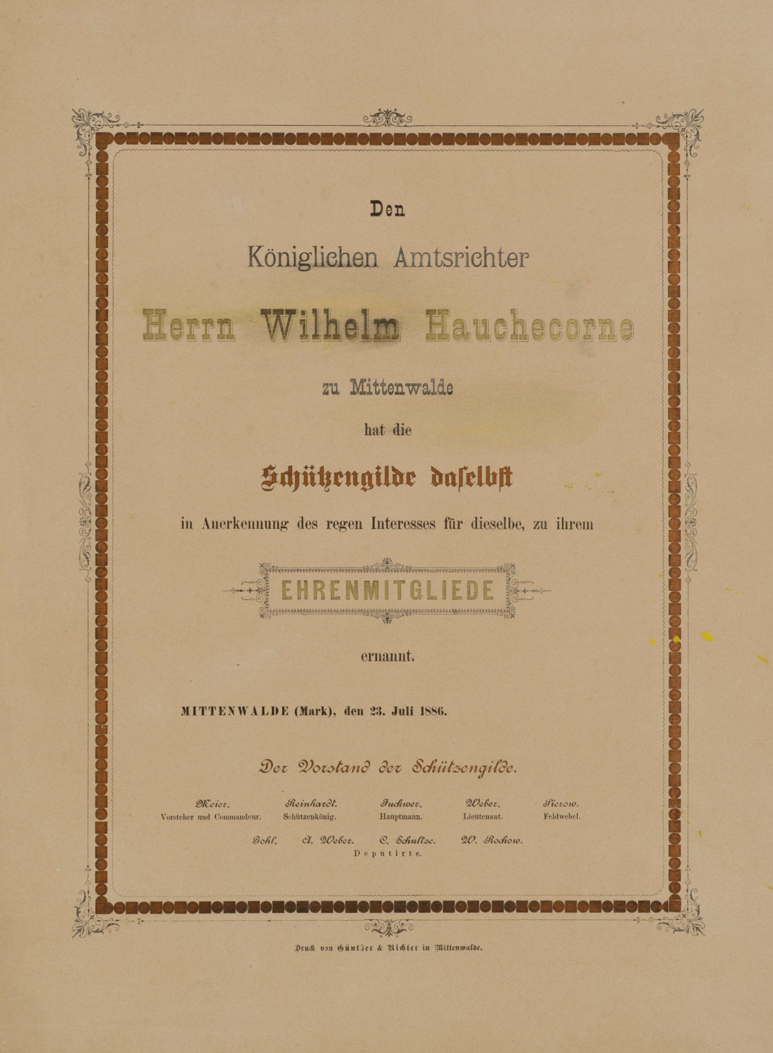 Urkunde für den Amtsrichter Wilhelm Hauchecorne