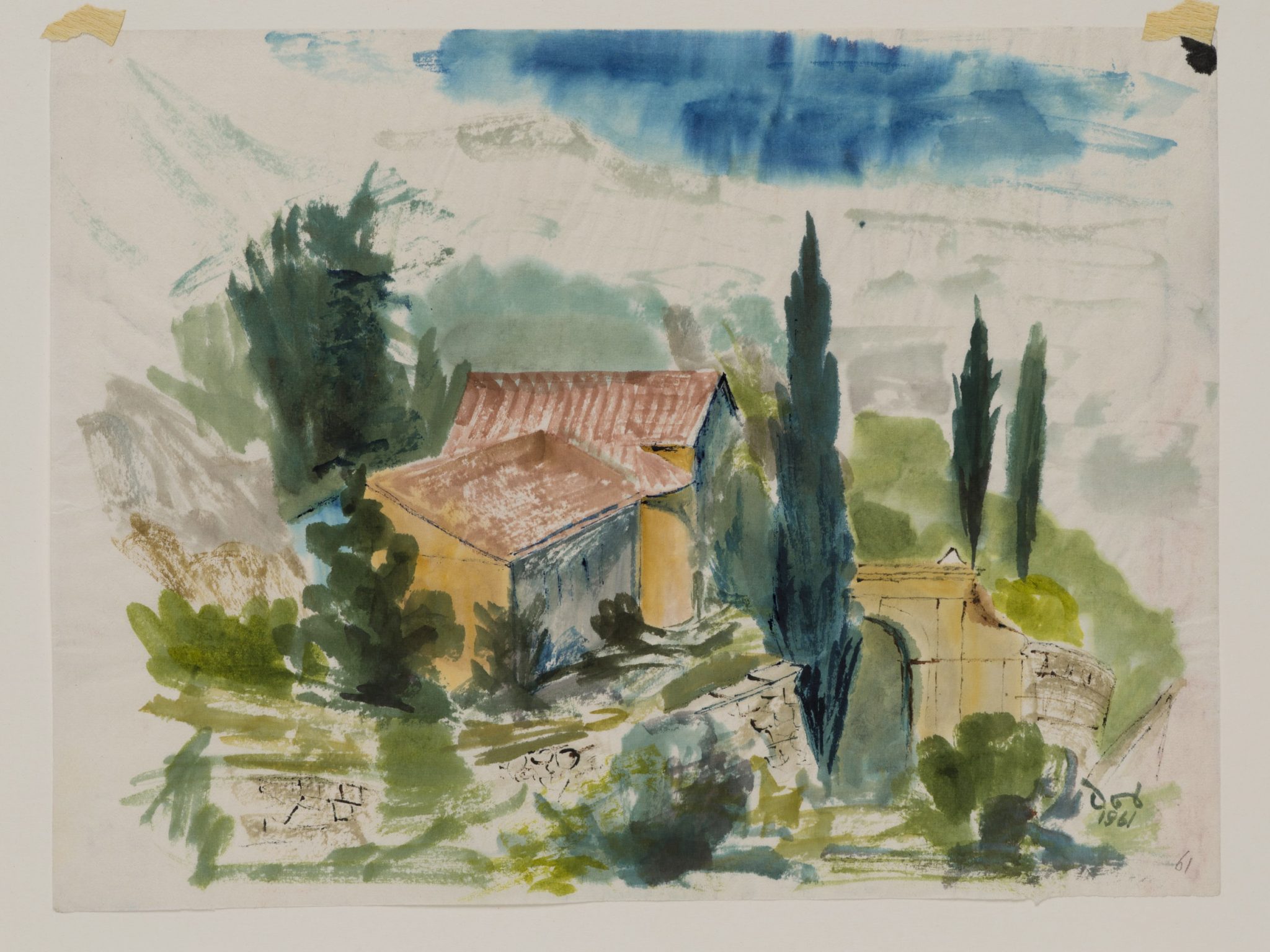 Landschaft mit Häusern und Tor
