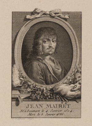 Porträt des Jean Mairet mit Symbolen des Theaters