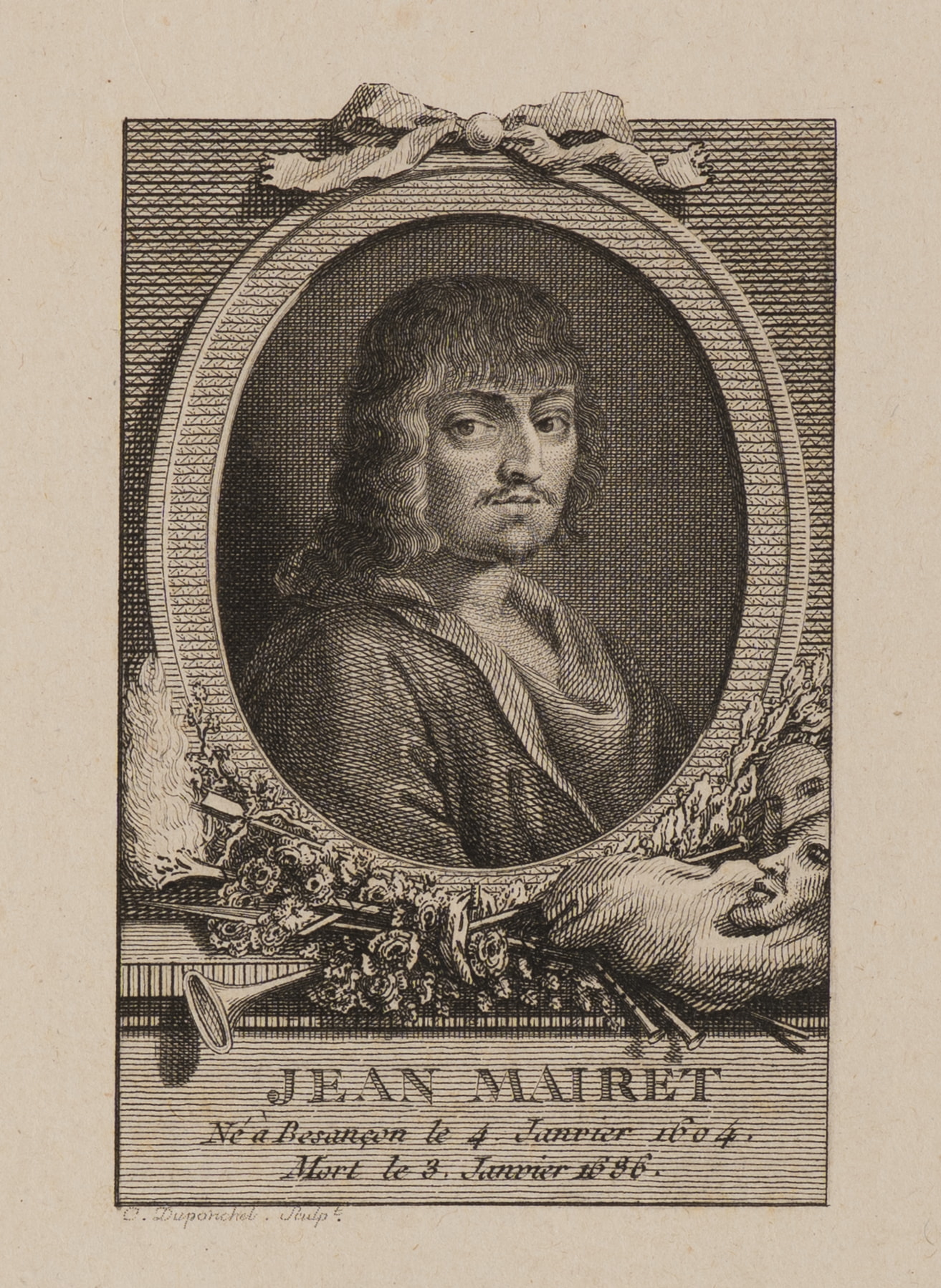 Porträt des Jean Mairet mit Symbolen des Theaters
