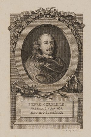 Pierre Corneille mit Symbolen des Theaters