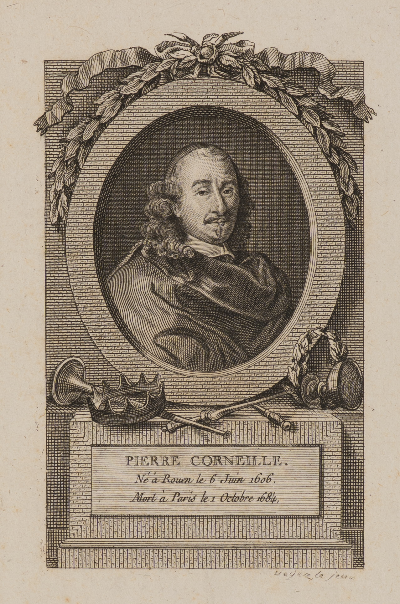 Pierre Corneille mit Symbolen des Theaters