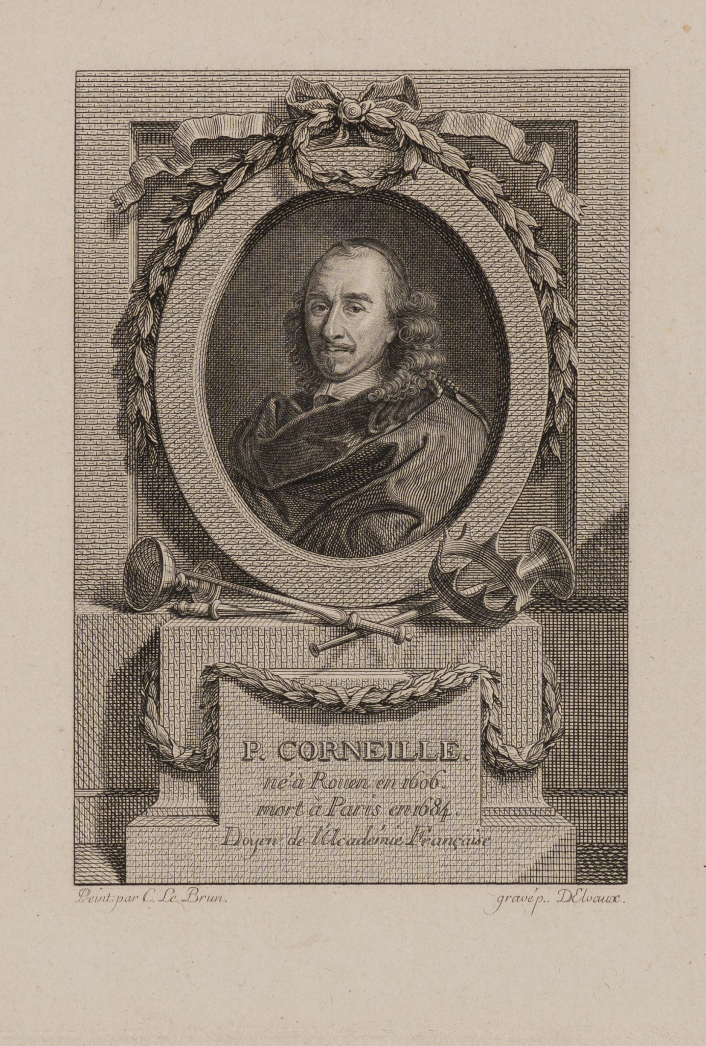 Pierre Corneille mit Symbolen des Theaters