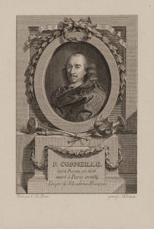 Pierre Corneille mit Symbolen des Theaters