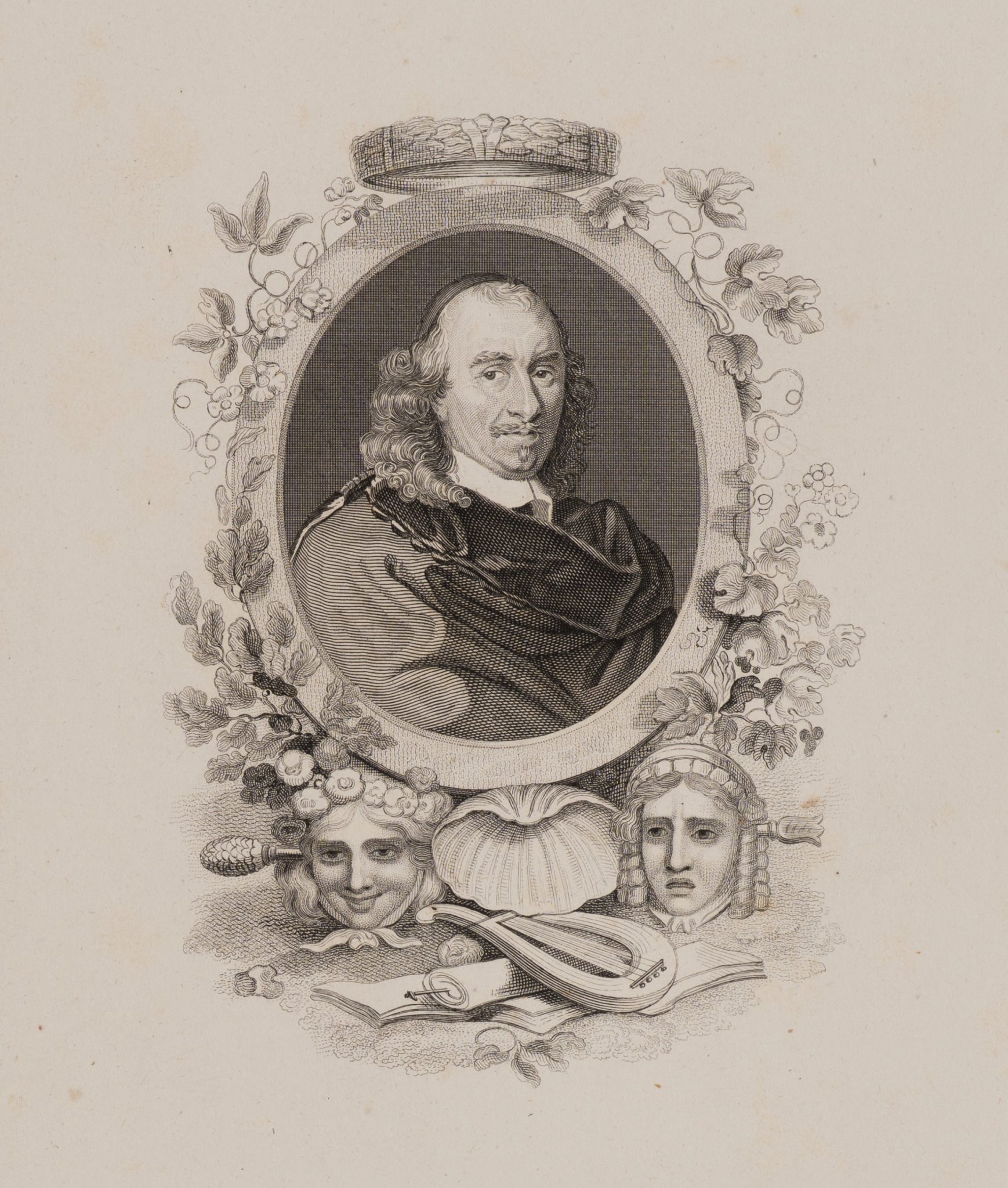 Pierre Corneille mit Symbolen des Theaters