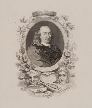 Pierre Corneille mit Symbolen des Theaters