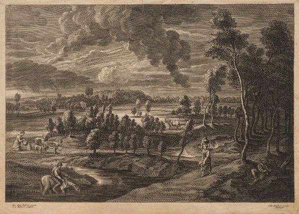 Aus der Sammlung „Kabinett des Kupferstichs": Flusslandschaft mit Bauernfiguren