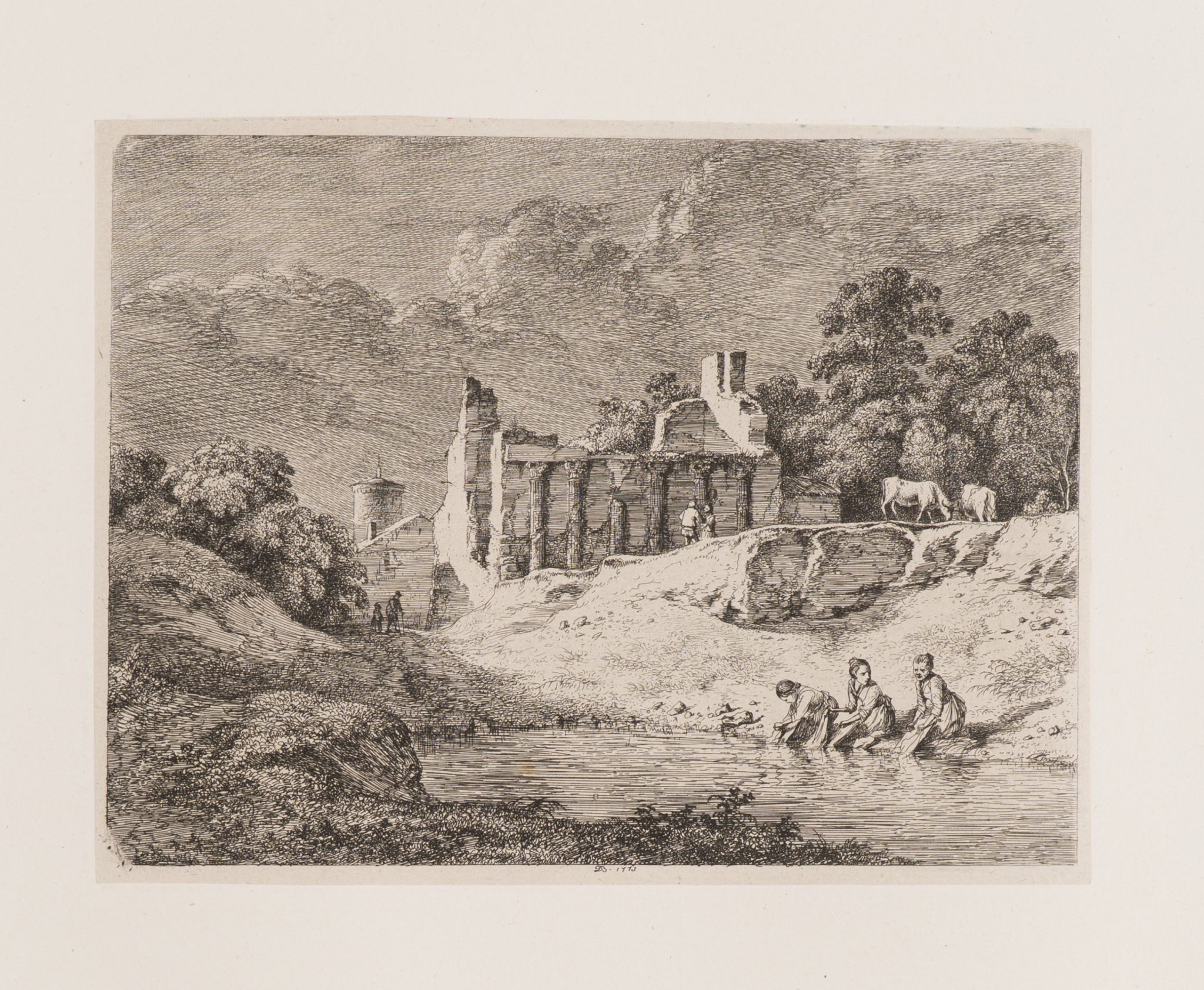 Waschfrauen am Fluss an Ruine