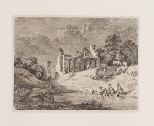 Waschfrauen am Fluss an Ruine