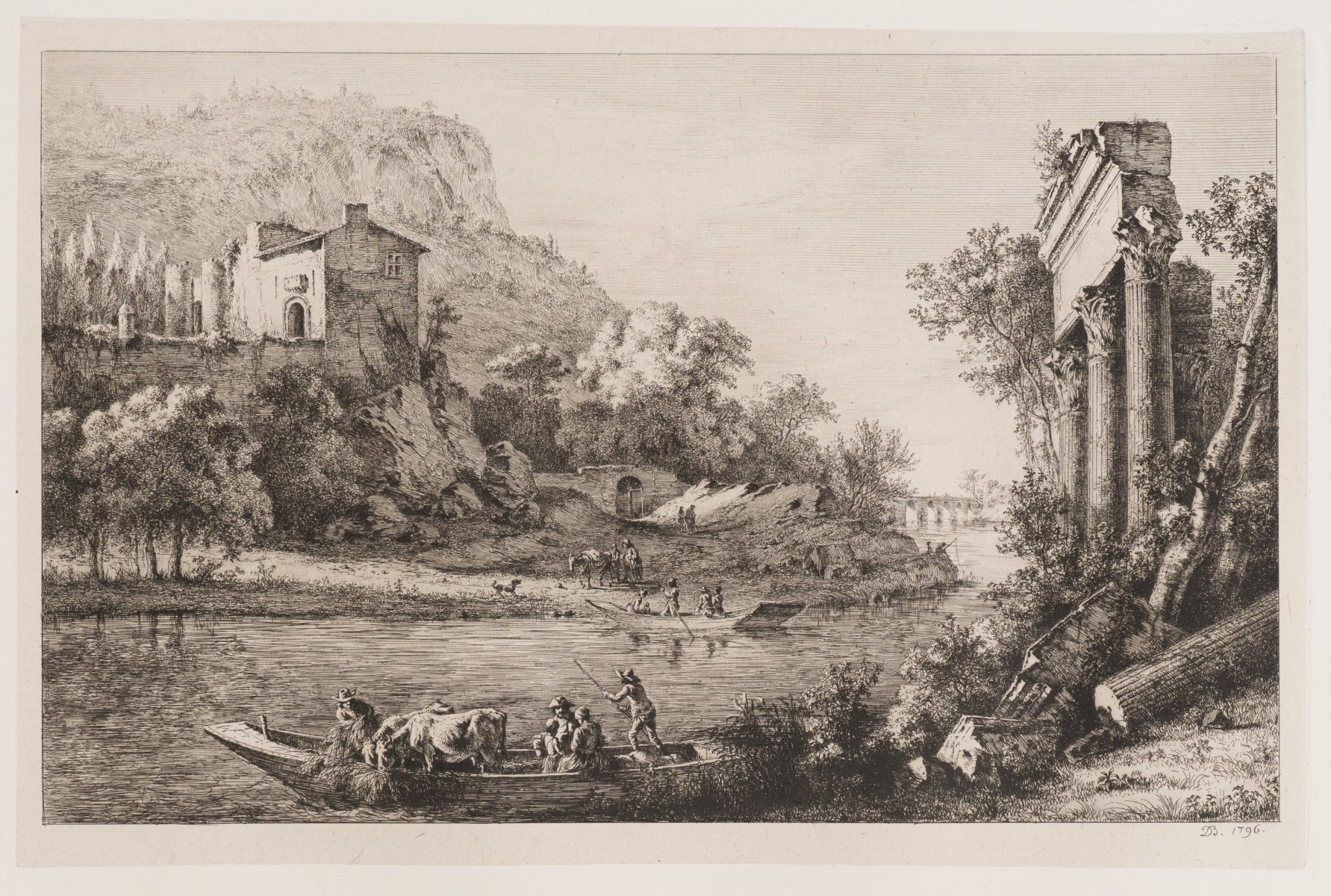 Flussfähren an antiker Ruine