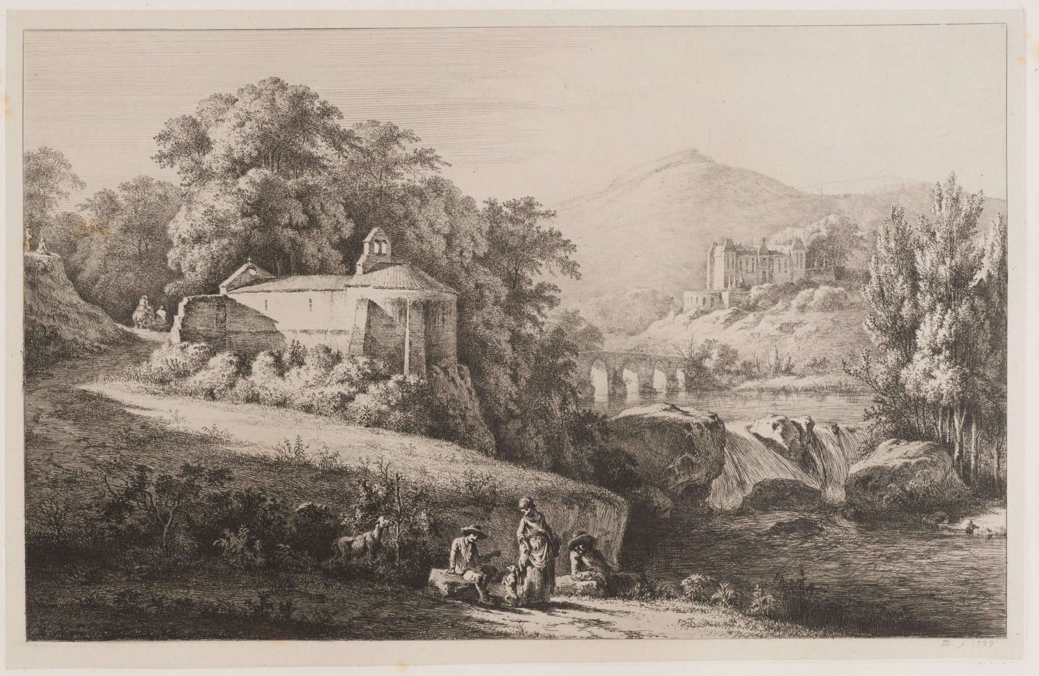 Abtei und Schloss an Wasserfall am Fluss