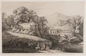 Abtei und Schloss an Wasserfall am Fluss
